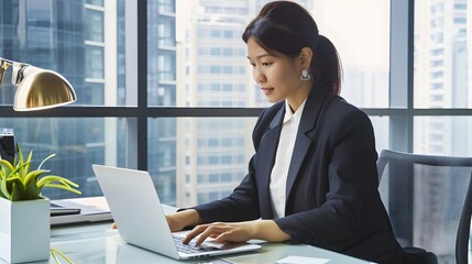 An Asian businesswoman sitting at a desk in a sleek office, focused on her laptop screen