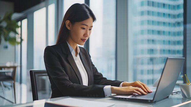 An Asian businesswoman sitting at a desk in a sleek office, focused on her laptop screen