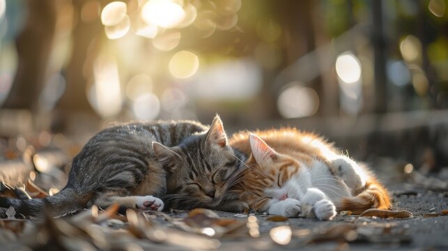Two cat sleeping on the ground in the morning. international cat day