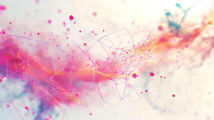 Abstract digital art with pink and orange fluid lines, dots, and interconnected geometric shapes on a light background.