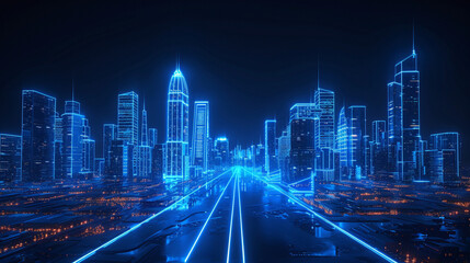 Suspended in a dark abyss, a neon blue wireframe cityscape showcases its landmark with mesmerizing geometric details.