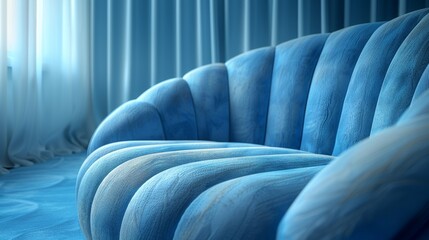 Obraz premium A blue couch with a pattern on it in front of curtains, AI