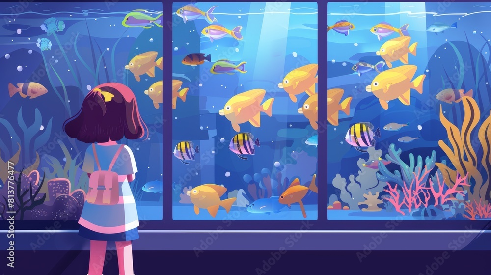 Sticker Greeting from an aquarium banner with a girl looking through a glass panel at a cute fish. Modern illustration of a child gazing at underwater creatures in an oceanarium or pet shop.