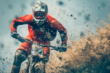 Obraz premium Man riding his mountain bike. High speed scene