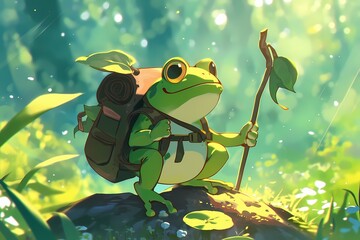 a frog wearing a bag in nature