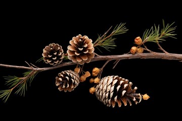 Close-up of a pine branch with mature cones and needles isolated on a black background