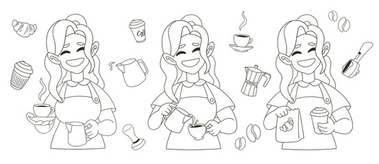 Line llustration of happy barista, coffee tools, horn, portafilter, milk pitcher, coffee beans, croissant, bakery, coffee shop, tamper. Hand drawn isolated elements for cafe, menu, coffee shop