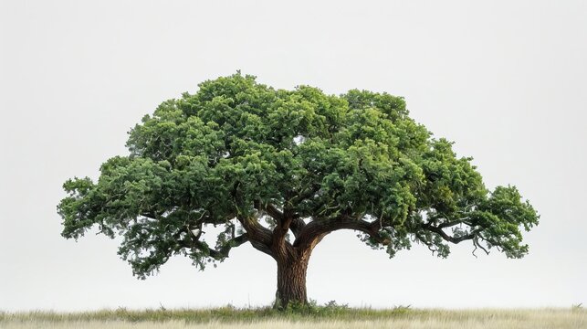 Generate a digital painting of a large, majestic tree with a thick trunk. The tree should be in a grassy field, with a white background