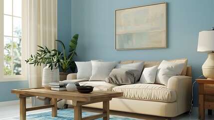 A simple living room with light blue walls a wooden coffee table and sofa in neutral tones 