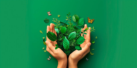 Concept of ecology, eco-care and nature's keeper. Hands embrancing nature on green background.