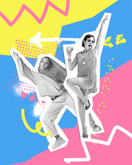 Poster. Contemporary art collage. Two women modern and retro clothes in dance-movement. Concept of...
