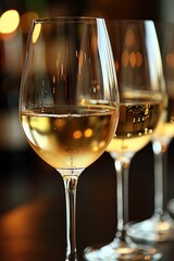 A row of wine glasses filled with white liquid on a table, AI