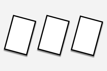 3 Blank rectangle photo frames template with black borders & an oblique layout. Used as a printable photo collage design or a mockup for album pictures or photographs in a gallery wall style.