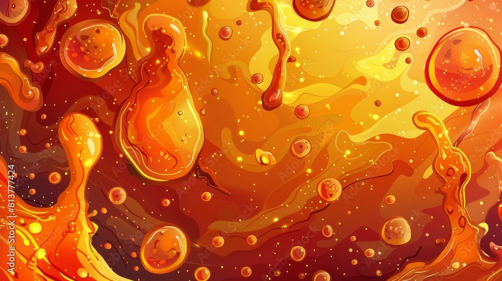 Poster abstract background of seething molten magma splatter with floating red drops. orange fluid texture 