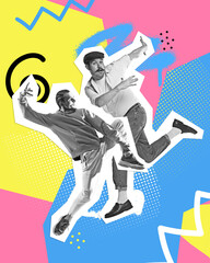Poster. Contemporary art collage. Two men, hip-hop and rock-n-roll dancer in motion. Trendy...