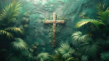 overhead view of a religious cross with palm leaves. Easter palm sunday background Generative AI