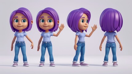 A 3D image of a girl character for animation, in 2D, 3D, and 4D views. Young contemporary woman with purple hair wearing jeans and t-shirt waving her hand full height. Cartoon character.