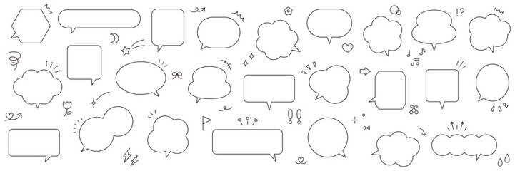 シンプルな吹き出しとアイコンのベクターイラストセット。ふきだし、フレーム、飾り素材、装飾、集中線