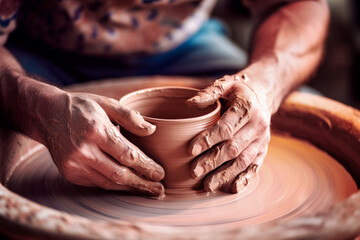Male hands of a ceramist while working at a pottery wheel. A potter makes a cup on a potter's wheel.