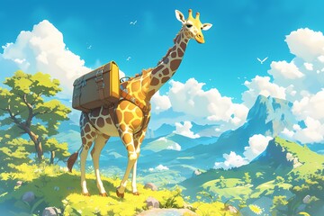a giraffe wearing a bag in nature