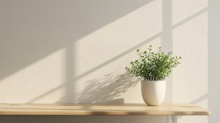 wooden table with a white vase with a green plant in it house interior