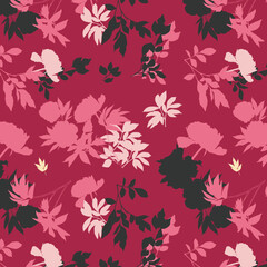 Delicate pastel silhouette of leaves and flowers seamless pattern