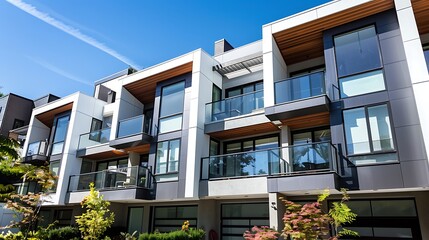A stunning photo of modern townhouses with white and grey exterior walls featuring glass windows and balconies 
