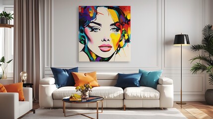 A vibrant pop art portrait of the showgirl from head over heels in the style of white wall living room with a cream sofa and orange blue pillows 