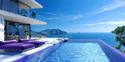 Obraz premium Luxurious villa on Amalfi Coast with panoramic Mediterranean Sea views and terraces. Concept Luxury Villa, Amalfi Coast, Mediterranean Sea Views, Terraces