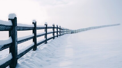 Snow-covered fence disappearing into the distance, leading the viewer's eye towards a serene winter landscape against a white backdrop.