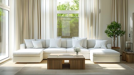 A white L-shaped sofa with wooden coffee tables and beige curtains creates an elegant living room interior design 
