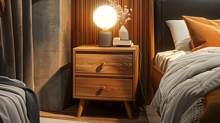 A wooden bedside table with two drawers and an oval lamp on top in the bedroom next to the bed 