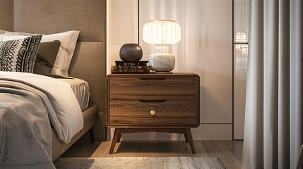 A wooden bedside table with two drawers and an oval lamp on top in the bedroom next to the bed 