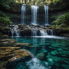A hidden waterfall cascading into a crystal-clear pool.

