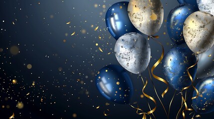 An elegant birthday background with blue gold and silver balloons and ribbons 