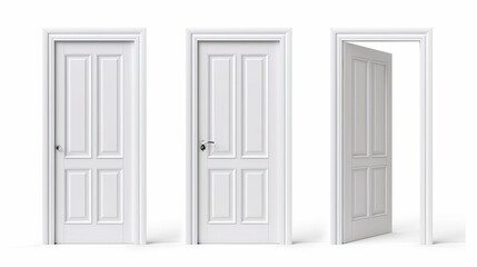 Decorative white wooden door for front entrance or inside house, apartment, office. Modeled wood door with handle and frame, open, closed and ajar, modern realistic set isolated on white.