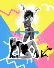 Poster. Contemporary art collage. Two artistic woman, dancers in monochrome filter dancing against colorful background. Concept of fashion, modern and retro fusion. Trendy magazine style.