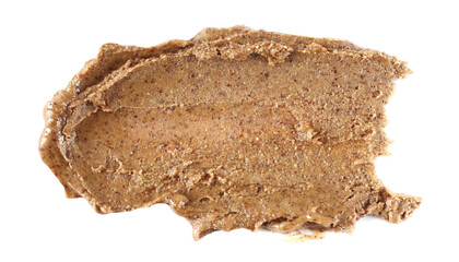 Almond butter spread isolated on white, top view, clipping