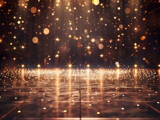 Naklejka premium Golden glitter lights shine on the reflective floor.
