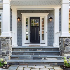 An image of the front door and entryway to a single family home in New England