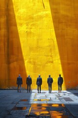 A group of men in suits standing next to a yellow wall, AI