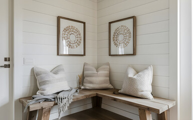 Wooden rustic bench near white wall 
