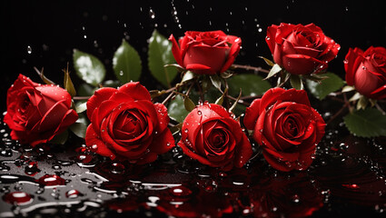 This image shows a bouquet of red roses against a black background. Water droplets surround the roses.

