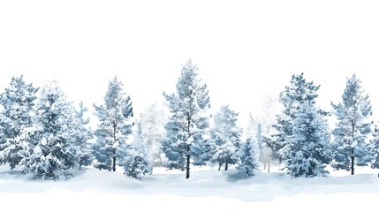 Snow-covered pine trees against a pristine white backdrop, evoking a sense of winter wonderland magic.
