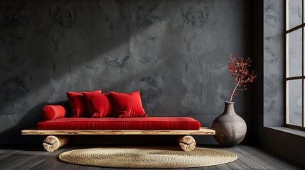 Minimalist living room with a wooden sofa and red cushions natural textures on the floor and dark...
