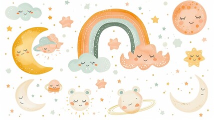A cute moon, rainbow, cloud, planet, and star clipart set for baby room decoration in boho style, a modern cartoon set of moon and stars cartoon characters.