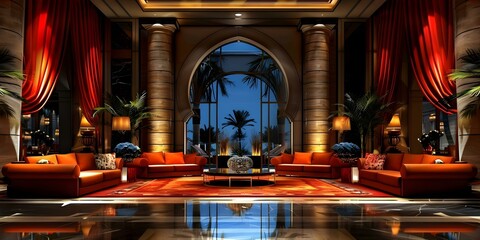 Luxurious Atmosphere Created by Exclusive Furniture in an Upscale Hotel Lobby. Concept Luxury Decor, Upscale Hotel, Exclusive Furniture, Lobby Ambiance