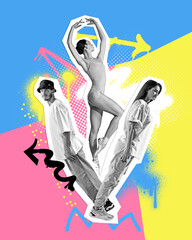 Poster. Contemporary art collage. Tender ballerina dancing with couple of hip-hop dancers against...