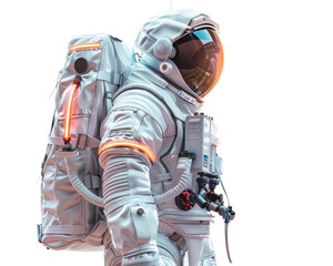 The astronaut is wearing a white spacesuit with a red and blue pattern