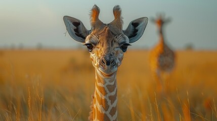 Portrait of a giraffe (giraffa) standing in field in the grasslands of the savanna looking at the camera, with another giraffe standing in the distance; Maasai Mara  Kenya, Africa Generative AI